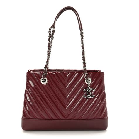 CHANEL Patent Chevron Shopper Tote Burgundy 